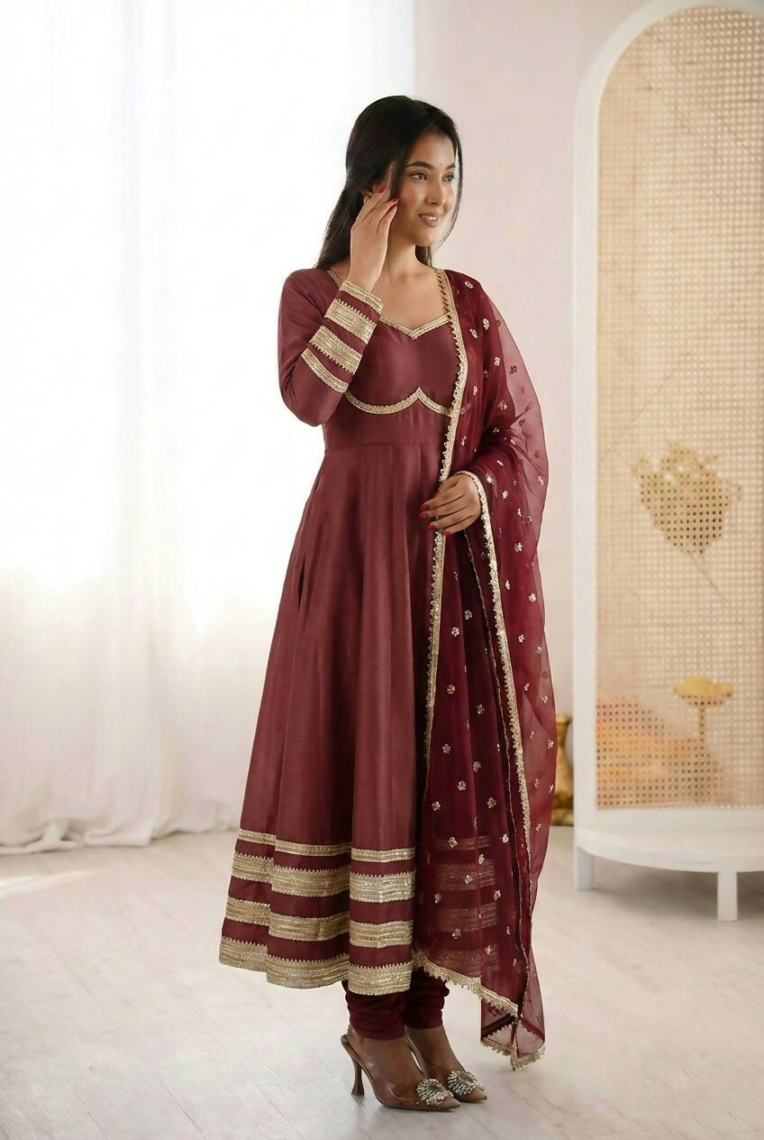 Teeya Creation Maroon Cosmos Gold Lace Work Party Wear Gown | Grocsy