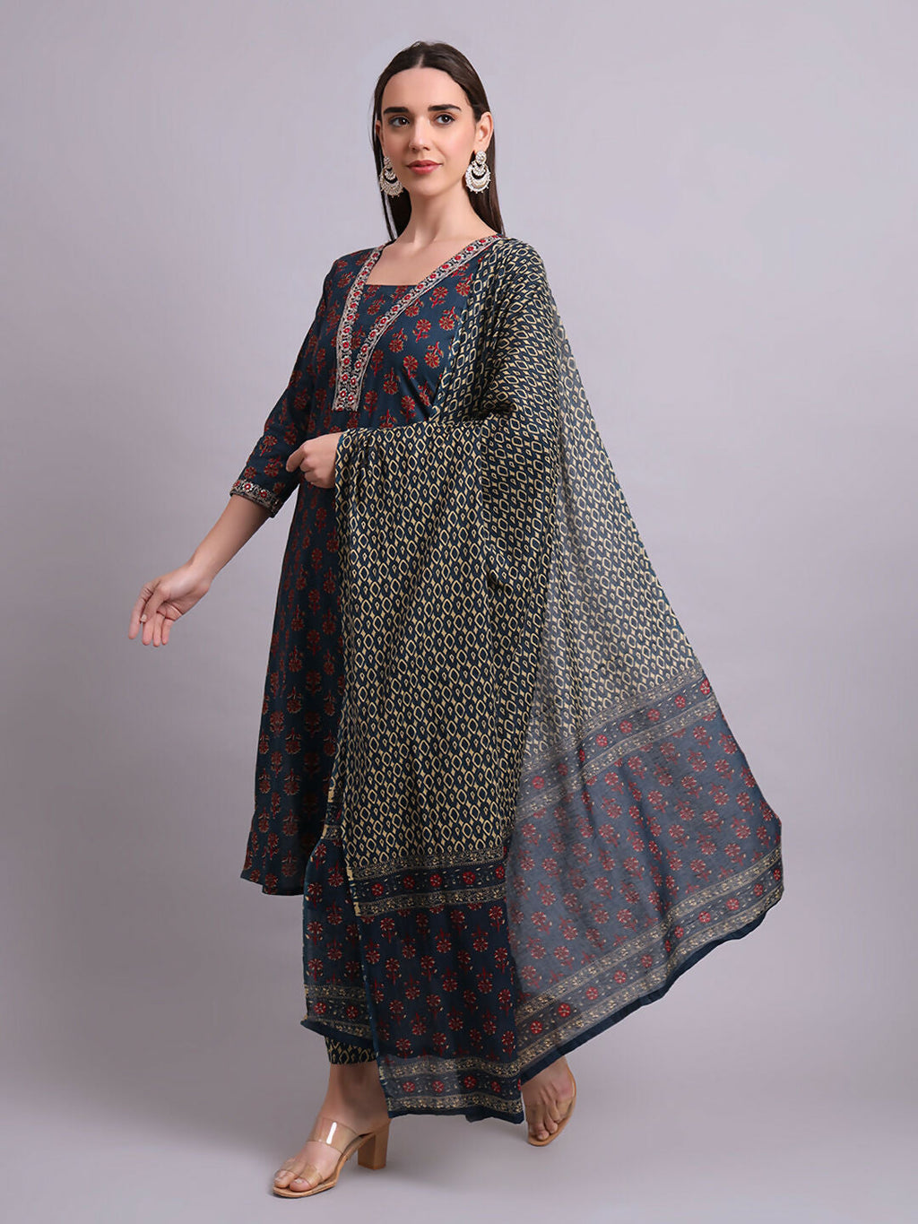 Joban Fashion Blue Cotton Buti Printed & Embroidery Work Kurta With Trousers & Dupatta Set | Grocsy