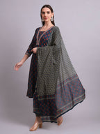 Joban Fashion Blue Cotton Buti Printed & Embroidery Work Kurta With Trousers & Dupatta Set | Grocsy