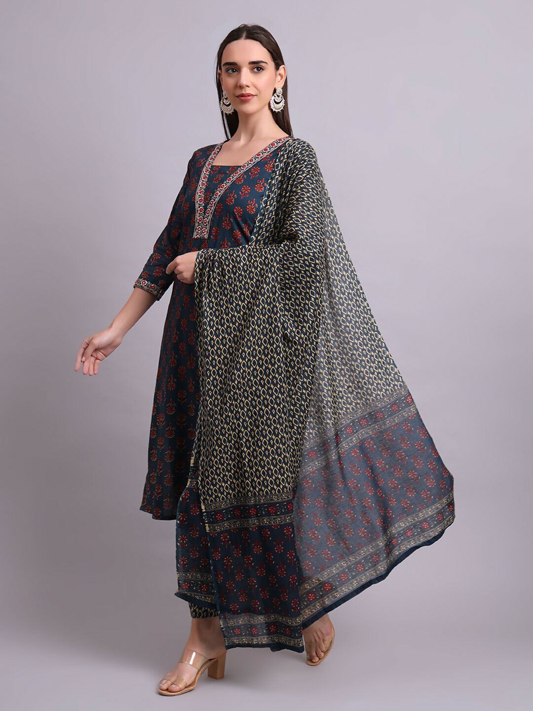 Joban Fashion Blue Cotton Buti Printed & Embroidery Work Kurta With Trousers & Dupatta Set | Grocsy