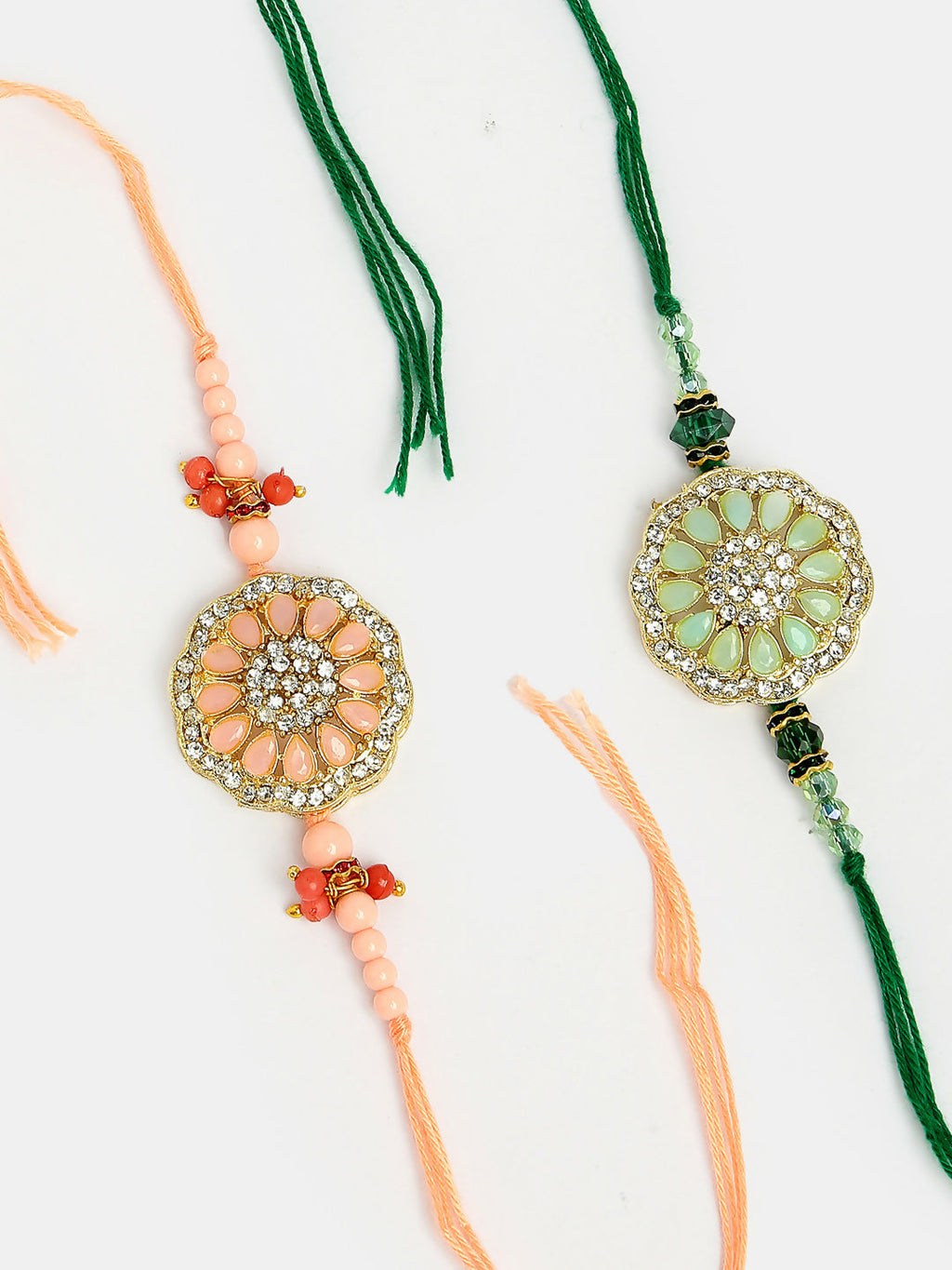 NVR Men Set of 2 Pink & Green Stone-Studded Rakhi With Roli Chawal & Chocolate | Grocsy