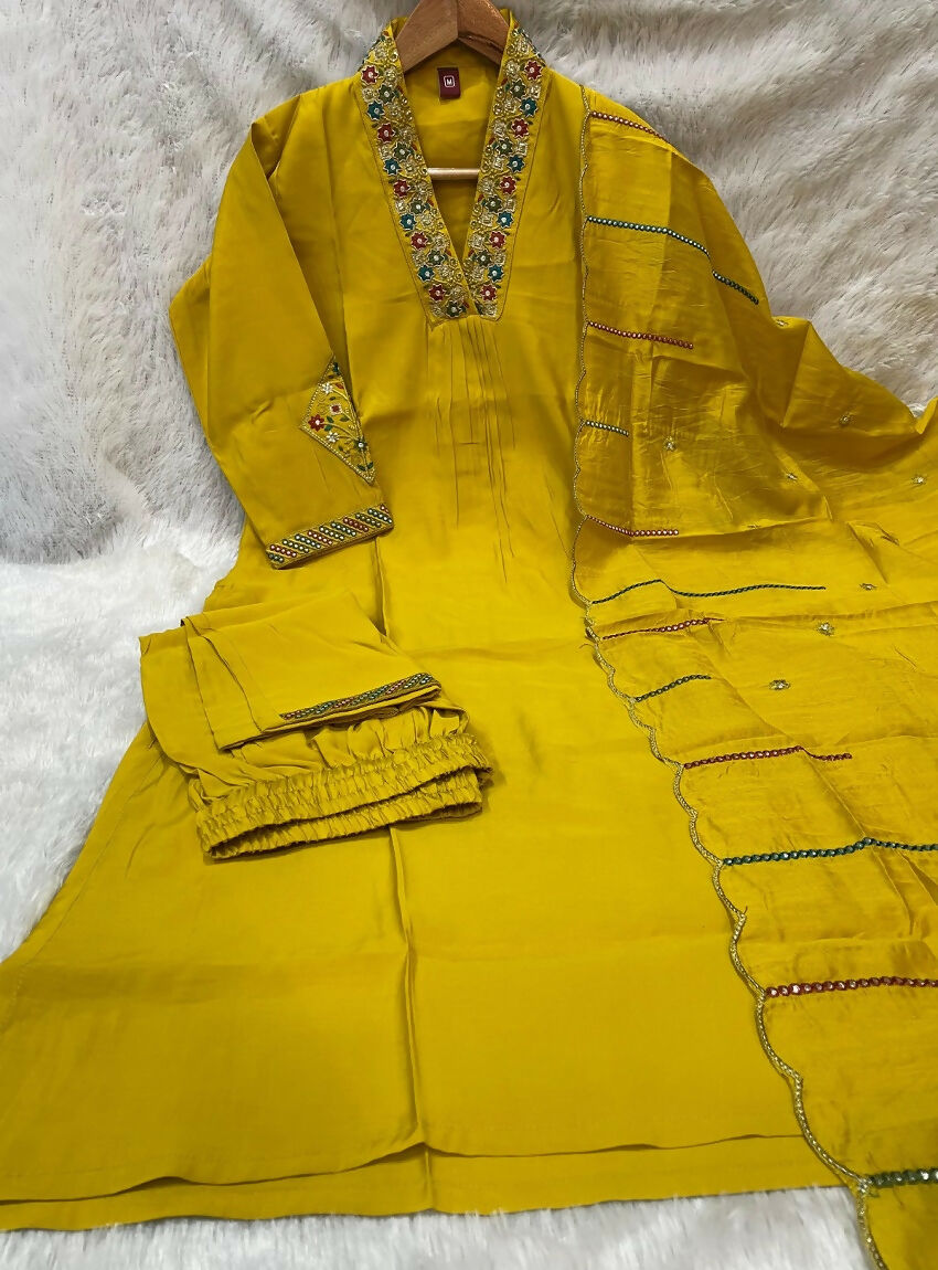 Teeya Creation Mustard Yellow Embroidered Silk Kurta Pant Set With Dupatta | Grocsy