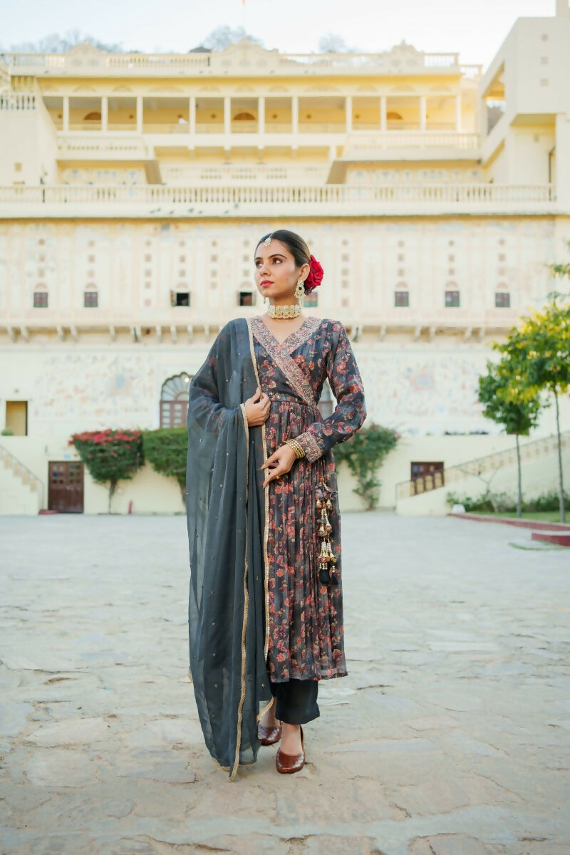 Vaasva Black Chinon Floral Embroidered Angrakha, Pant & Dupatta set | Grocsy
