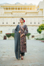 Vaasva Black Chinon Floral Embroidered Angrakha, Pant & Dupatta set | Grocsy