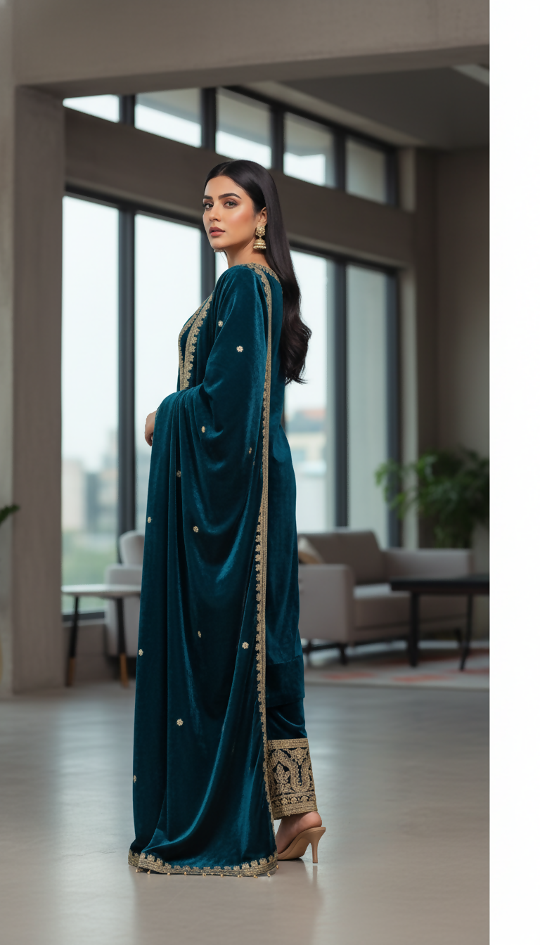 Joban Fashion Teal Kurta Set Velvet Embroidery Sequence Work | Grocsy