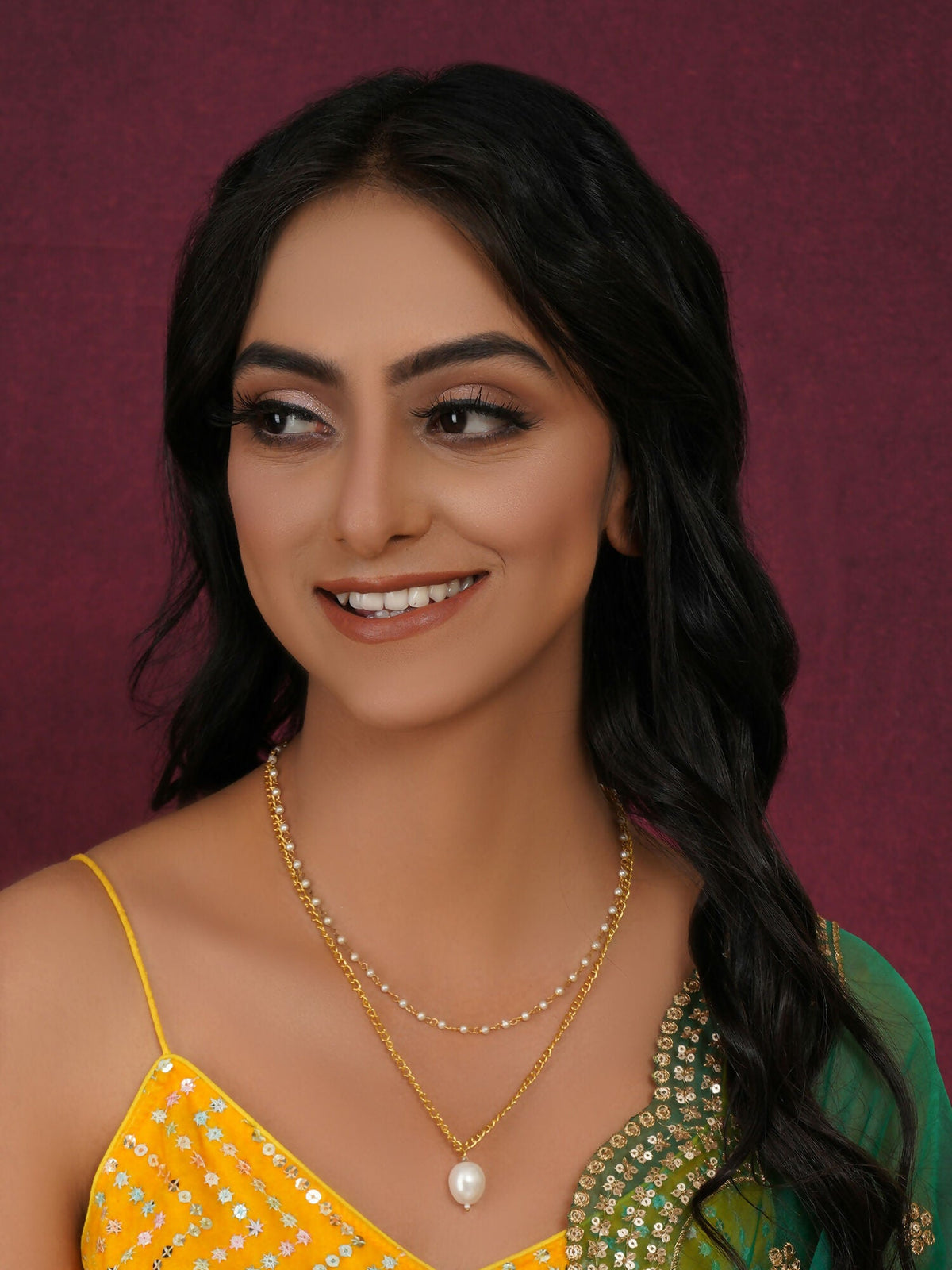 Layered Pearl and Gold Neckpiece with Emeralds (Gold) - Ruby Raang | Grocsy