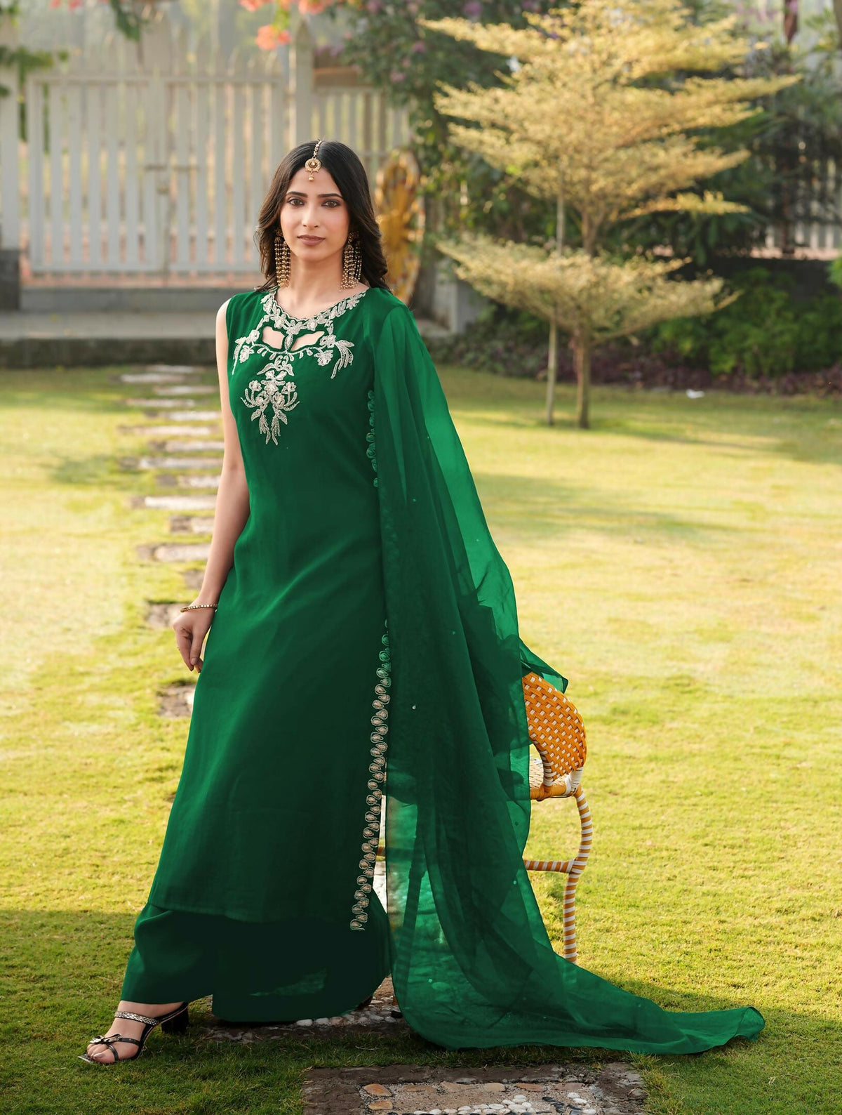 Nikhaar Green Embroidered Art Silk Stitched A Line Kurta Palazzo Dupatta Readymade Suit | Grocsy