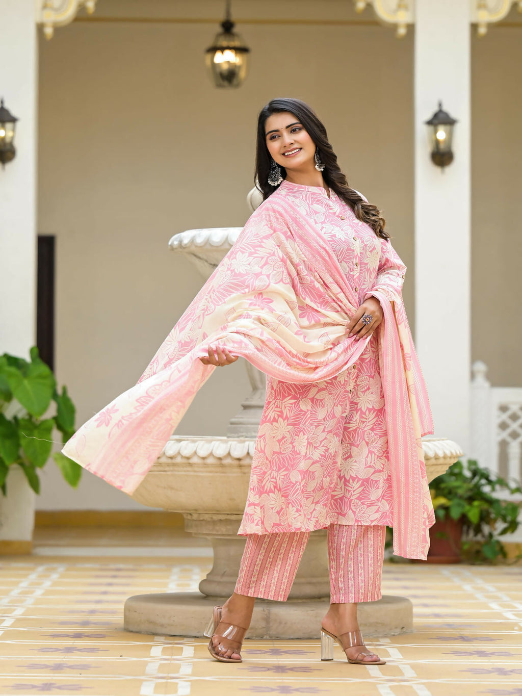 Juniper Women's Pink Floral Printed Cotton Kurta Set With Buttons | Grocsy