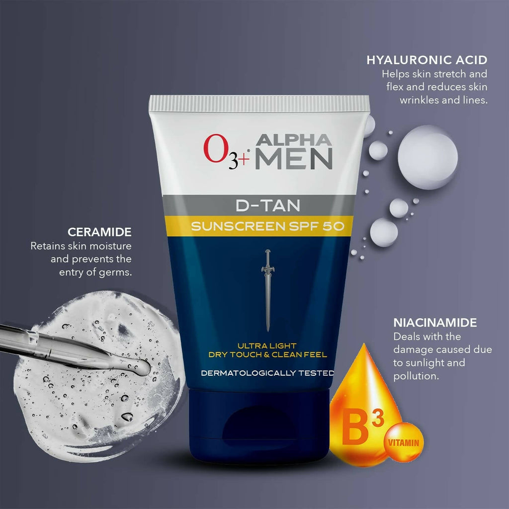 Professional O3+ Alpha Men D-Tan Sunscreen SPF 50 | Grocsy