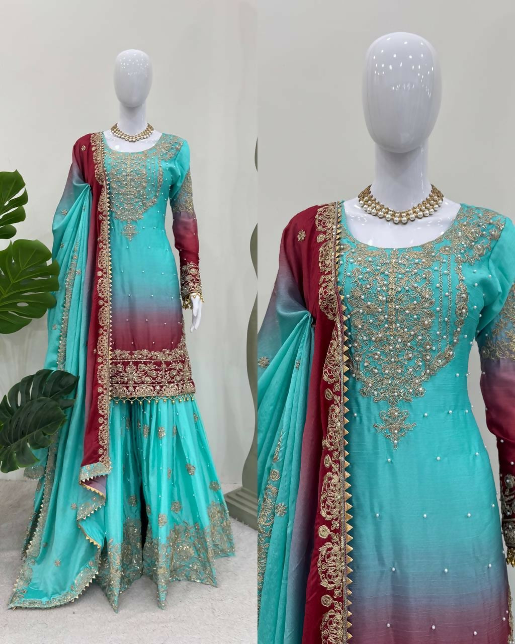 The52 Women's Beautiful Chinon silk Fabric Embroidery Work Straight Kurta Palazzo and Dupatta Set | Grocsy