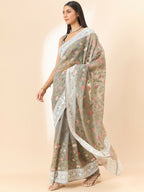 Grey Organza Floral Embroidered Saree with Unstitched Blouse Piece - Roozal | Grocsy