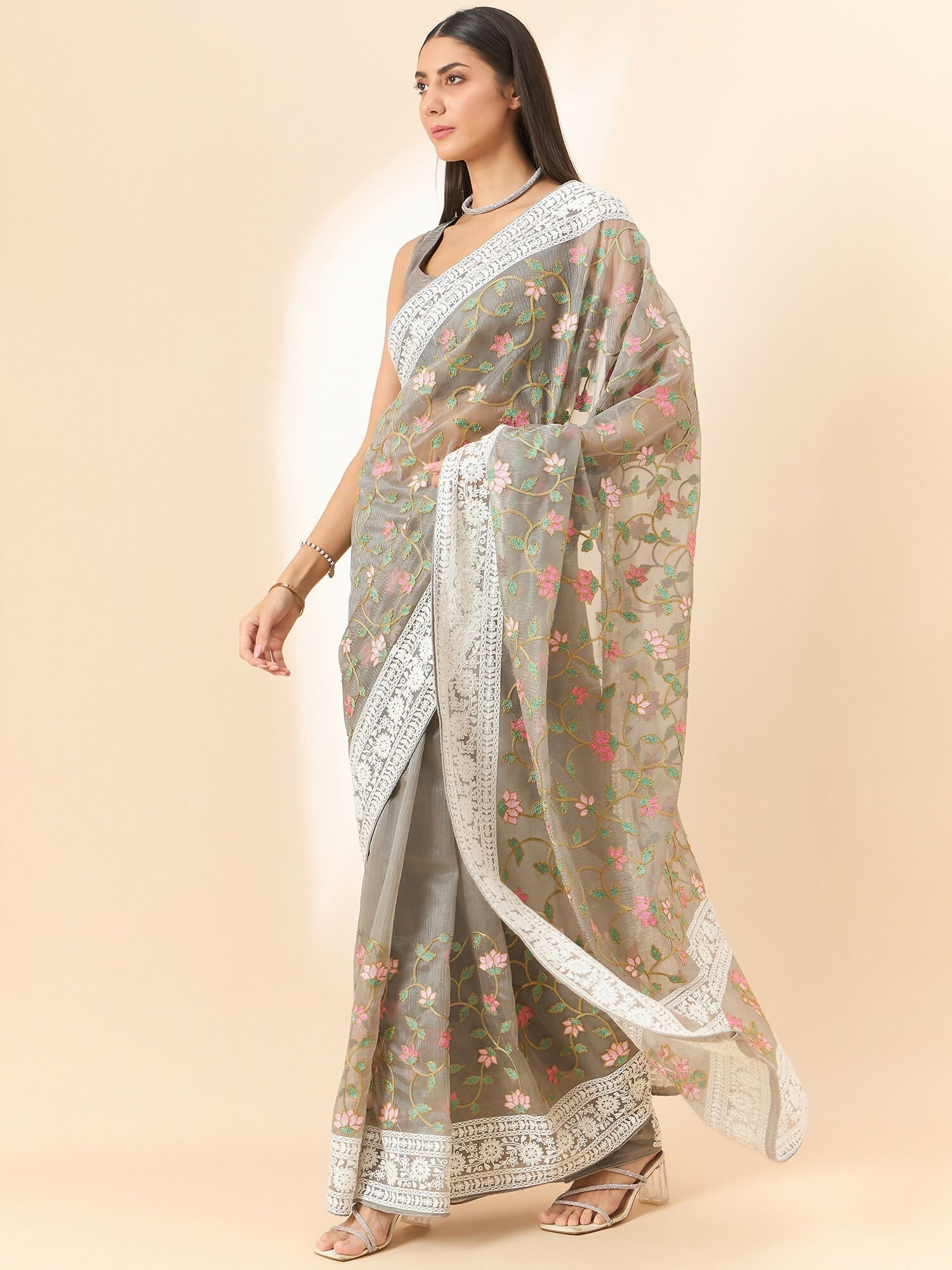 Grey Organza Floral Embroidered Saree with Unstitched Blouse Piece - Roozal | Grocsy
