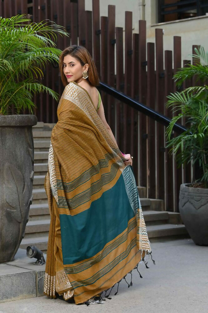 Beatitude Mustard Cotton Jacquard Border Tangail Handloom Saree | Grocsy