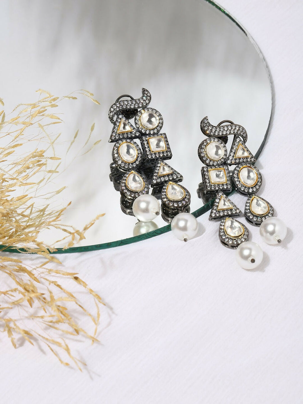 Long Zircon Pearl Danglers- Ruby Raang | Grocsy