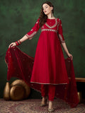 Sangria Round Neck Floral Zari Embroidered Straight Kurta with Trouser and Dupatta | Grocsy