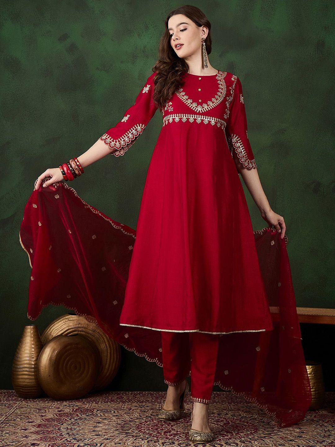 Sangria Round Neck Floral Zari Embroidered Straight Kurta with Trouser and Dupatta | Grocsy