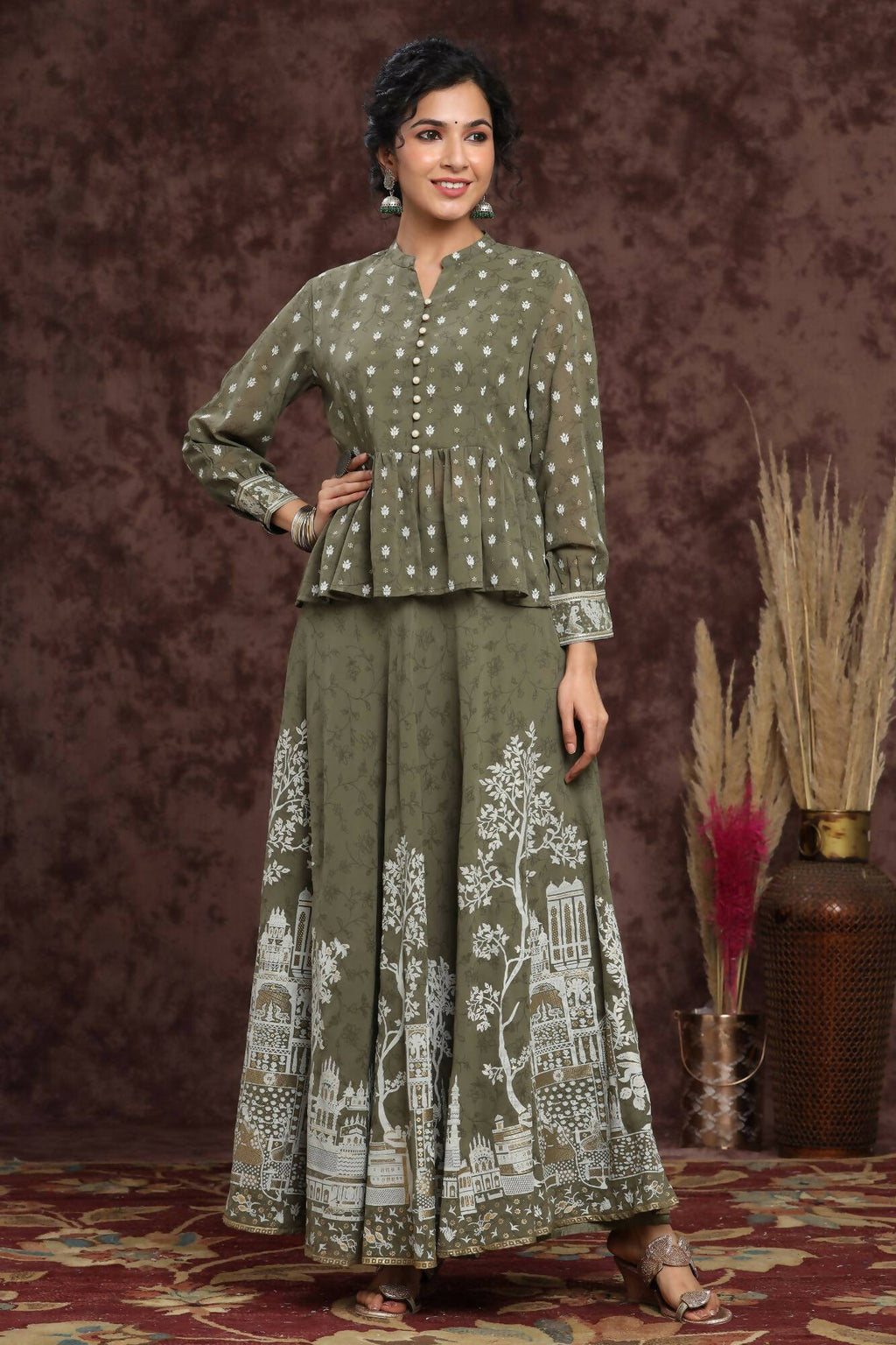 Juniper Women Olive Georgette Printed Flared Lehenga Choli Sets | Grocsy