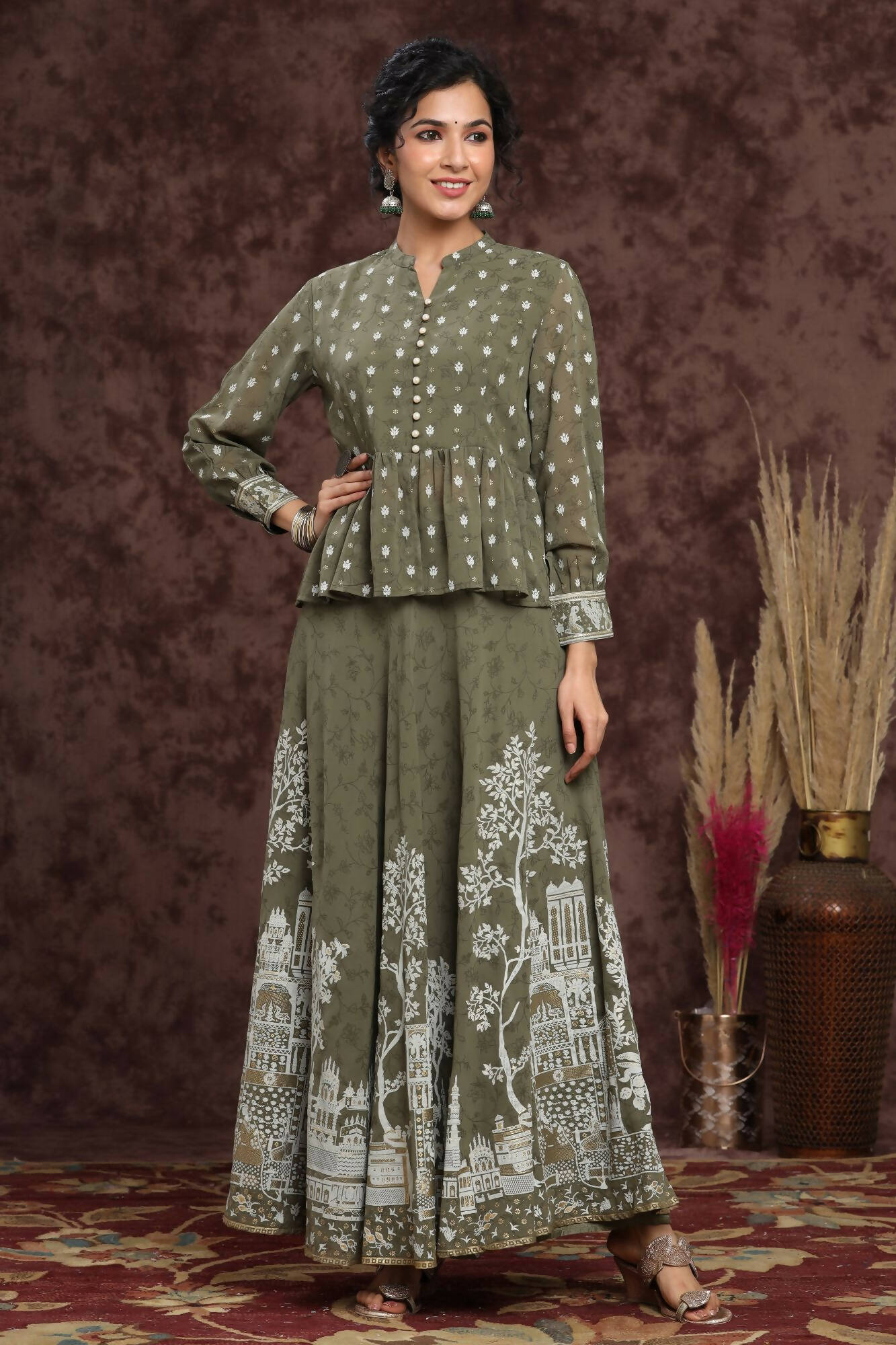 Juniper Women Olive Georgette Printed Flared Lehenga Choli Sets | Grocsy