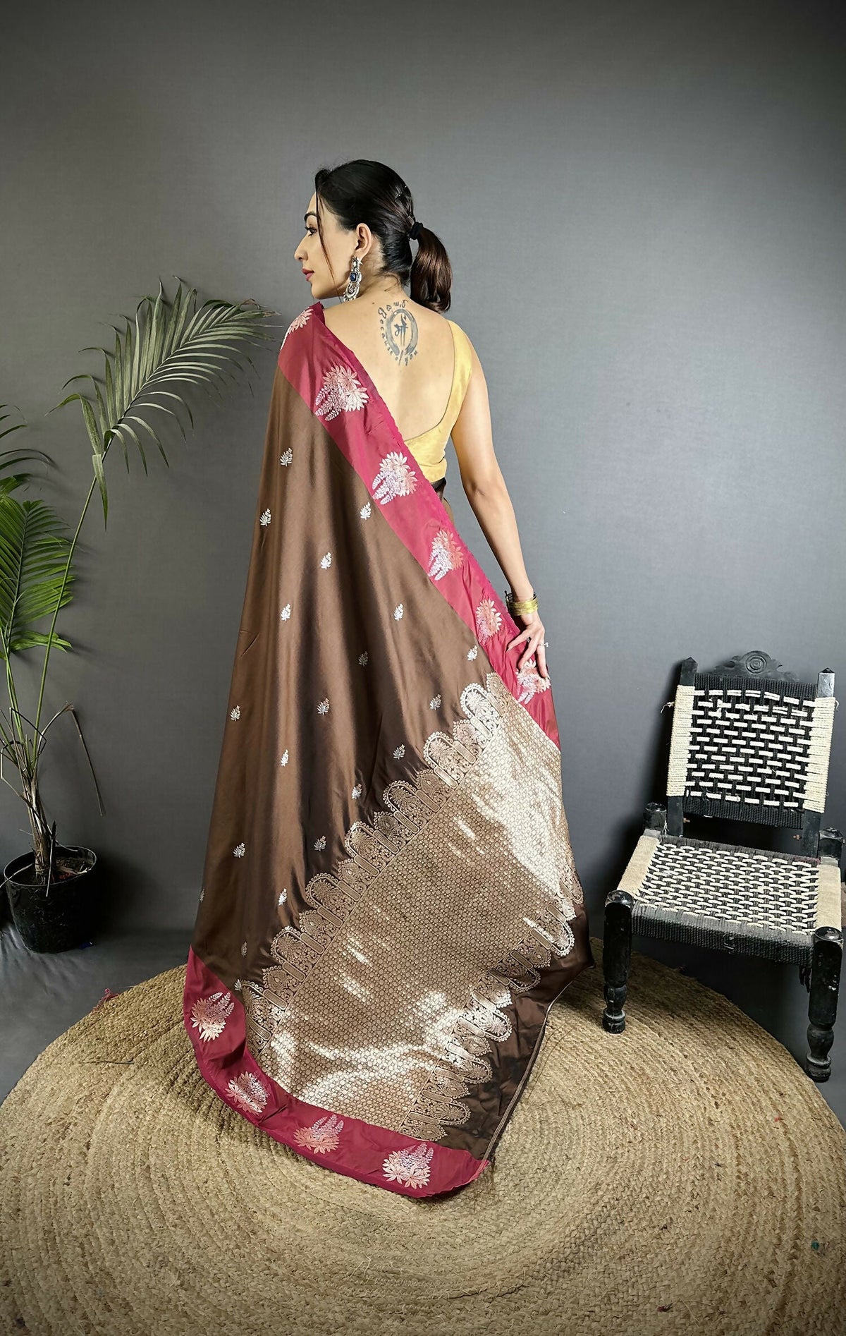 Joban Fashion Brown Small Butti Soft Silk Banarasi Saree | Grocsy