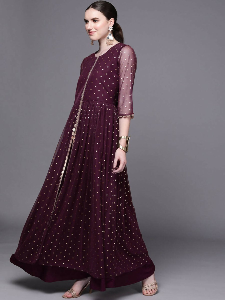 Ahalyaa Women Burgundy Polka Dots Fit & Flare Maxi Ethnic Dress | Grocsy
