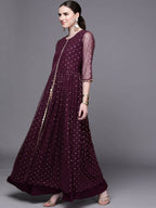 Ahalyaa Women Burgundy Polka Dots Fit & Flare Maxi Ethnic Dress | Grocsy