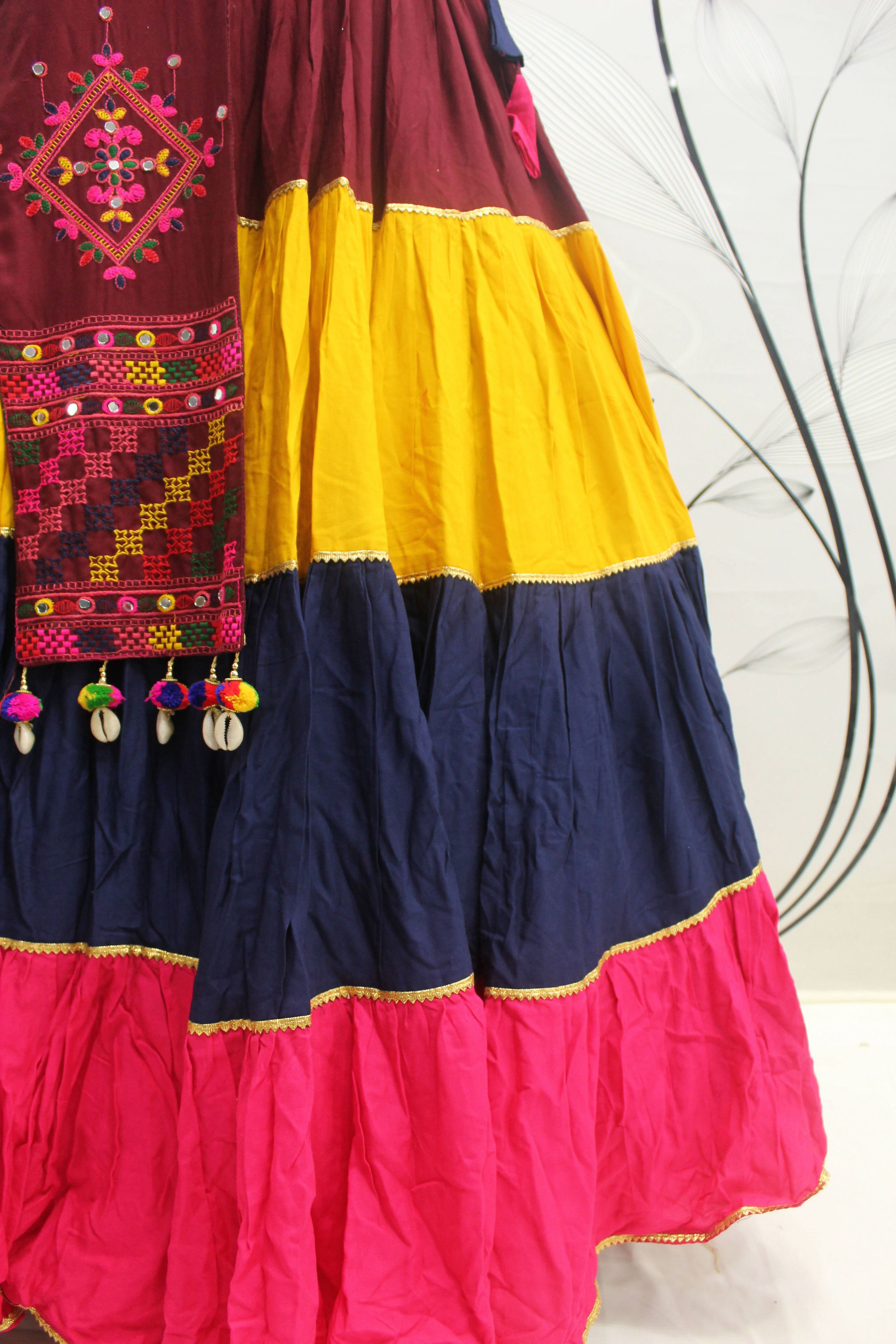 Multi Color Viscose Rayon Thread Embroidered Navratri Lehenga Choli with Dupatta - Raas | Grocsy