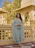 Teeya Creation Elegant Pastel Grey-Green Embroidered Straight Suit Set With Dupatta For Festivals Weddings | Grocsy