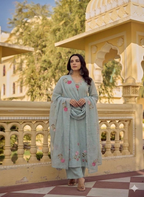 Teeya Creation Elegant Pastel Grey-Green Embroidered Straight Suit Set With Dupatta For Festivals Weddings | Grocsy