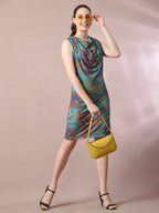 Myshka Women's Multi Printed Cowl Neck Bodycon Party Dress | Grocsy