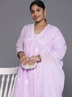 Sztori Plus Size Floral Embroidered Pure Cotton Anarkali Kurta & Trousers With Dupatta | Grocsy