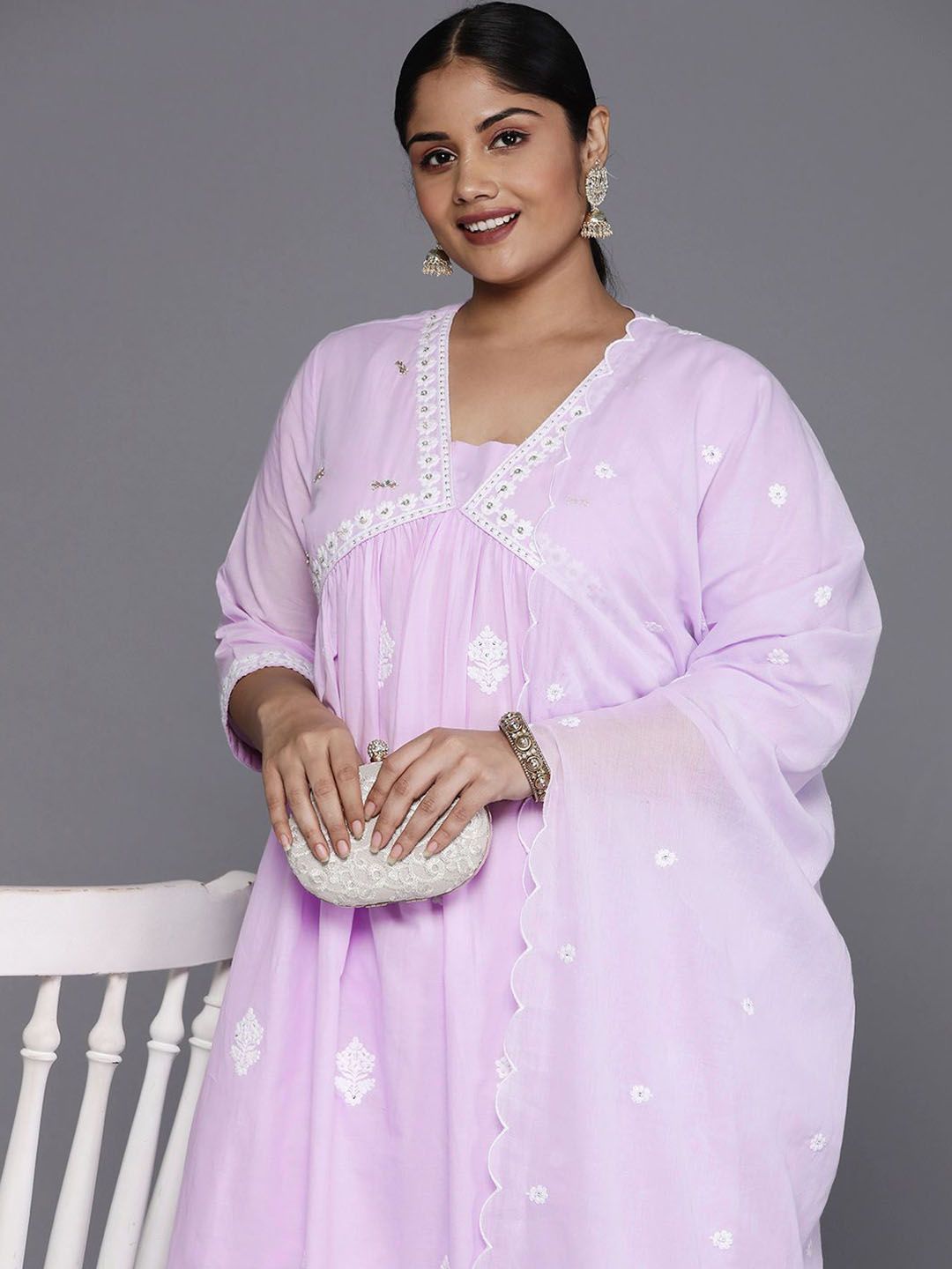 Sztori Plus Size Floral Embroidered Pure Cotton Anarkali Kurta & Trousers With Dupatta | Grocsy