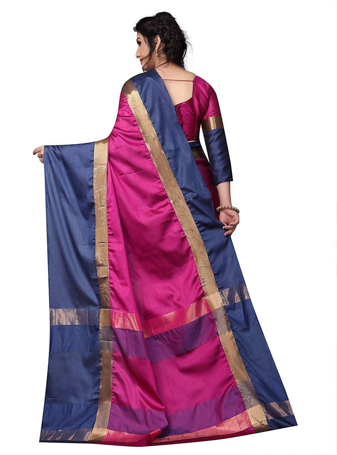 Vamika Pink and Navy Blue Cotton Silk Weaving Saree (Shreeji Pink Blue) | Grocsy