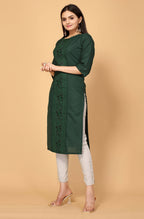 Dark Green Cottan Slub Embroidery Kurti - Umi | Grocsy