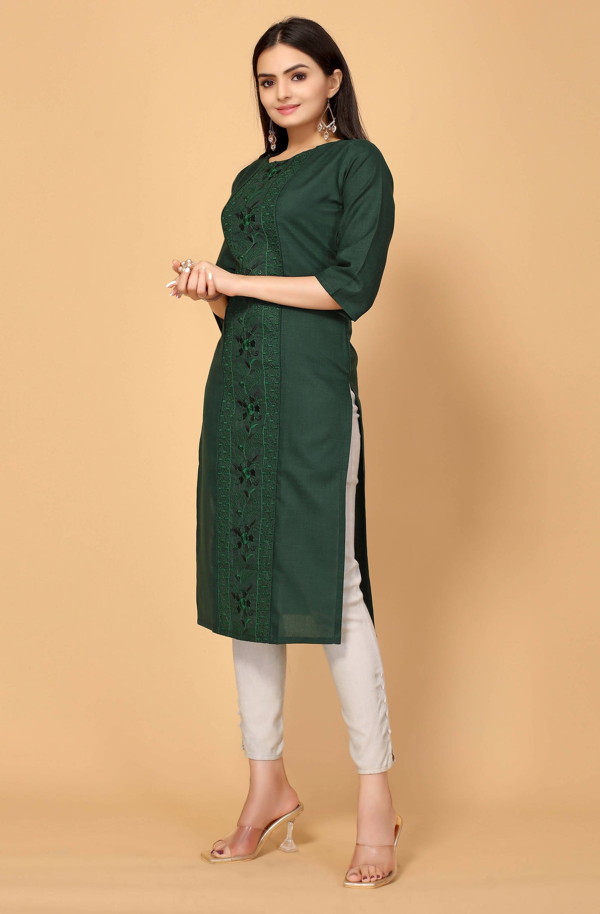 Dark Green Cottan Slub Embroidery Kurti - Umi | Grocsy