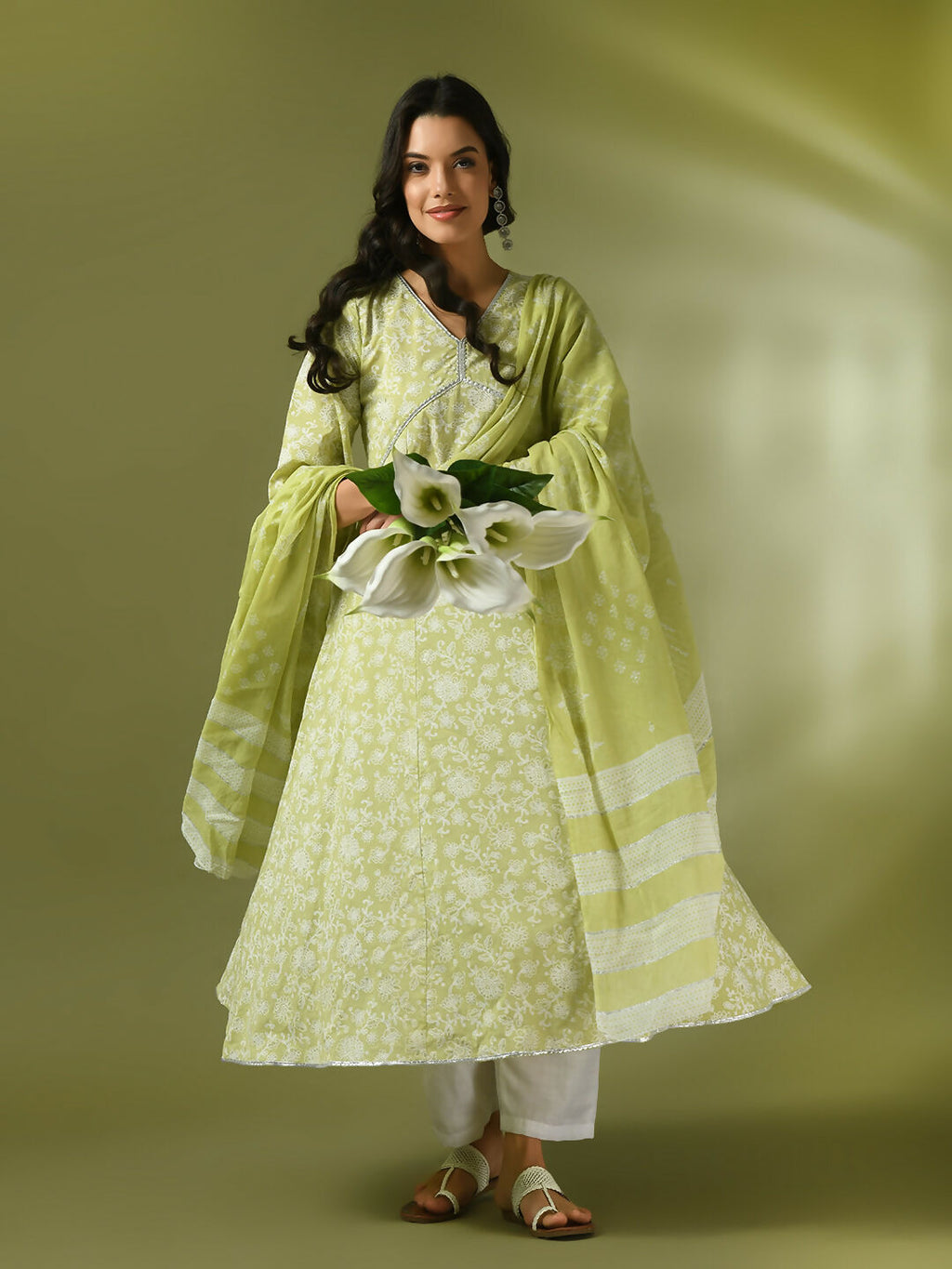 Myshka Women's Lime Green Printed Cotton Anarkali Party Kurta Set With Dupatta | Grocsy