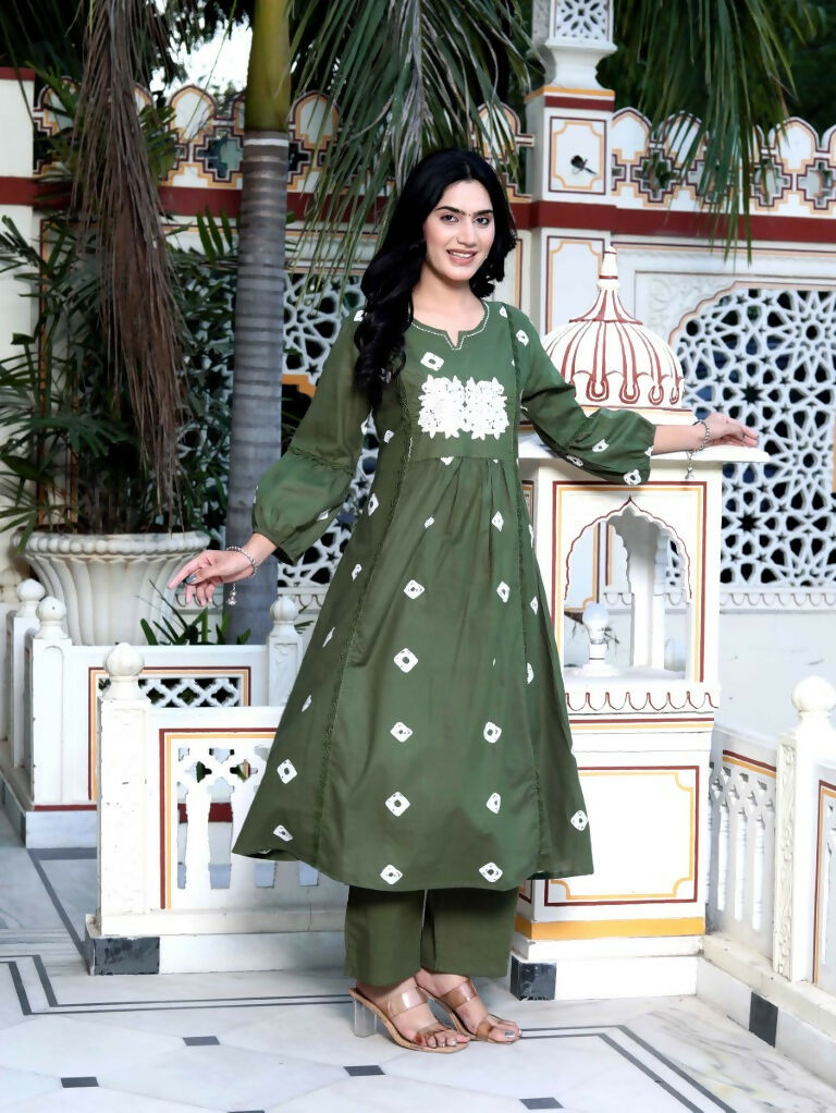 Miravan Women's Moti And Chikan Embroidered Bandhani Printed A-Line Mehandi Kurta Palazzo Set | Grocsy