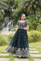 Vastranavya Premium Designer Faux Blooming with Embroidery Zari Sequins work Gown - Teal | Grocsy