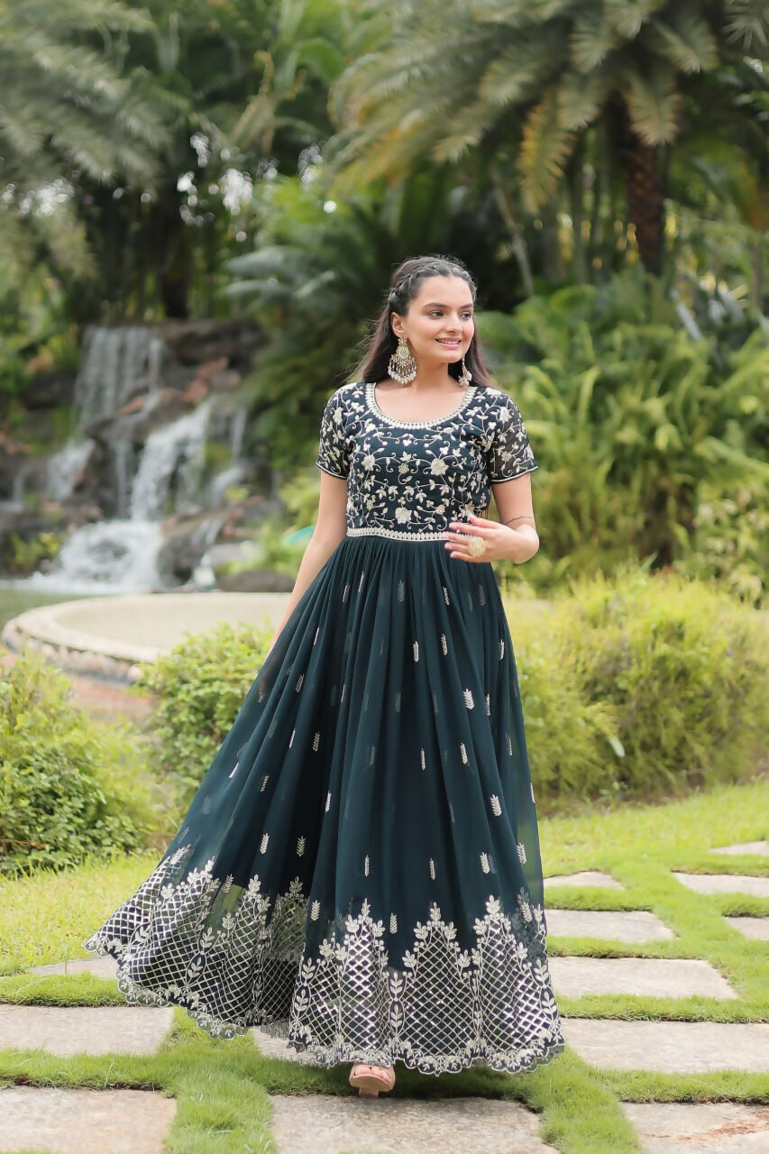 Vastranavya Premium Designer Faux Blooming with Embroidery Zari Sequins work Gown - Teal | Grocsy
