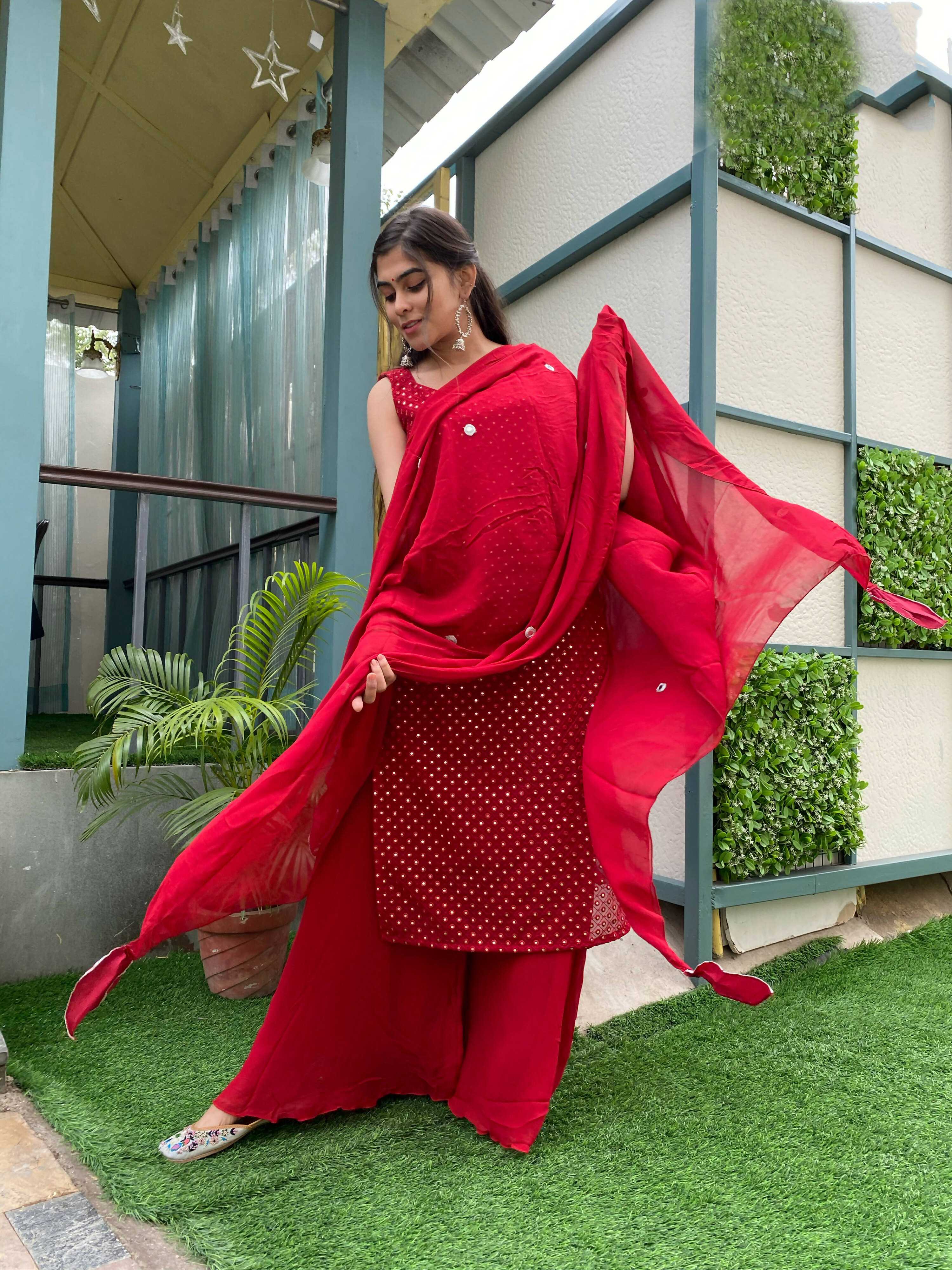 Partywear Designer Red Georgette Palazzo Suit - Anbazaar | Grocsy