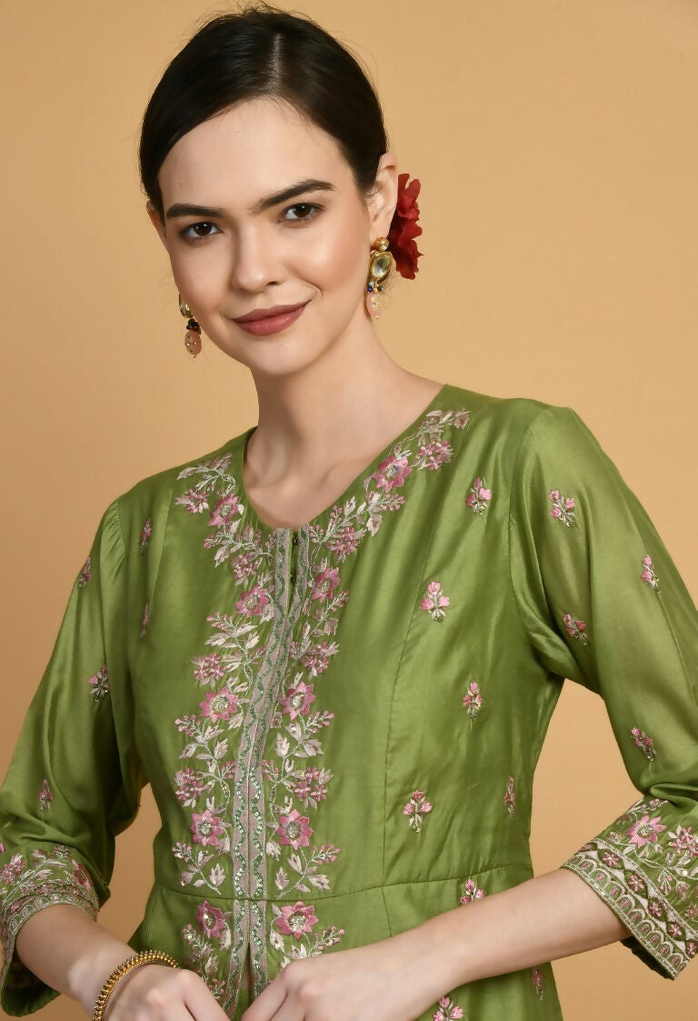 Joban Fashion Green Chanderi Kurta Set | Grocsy