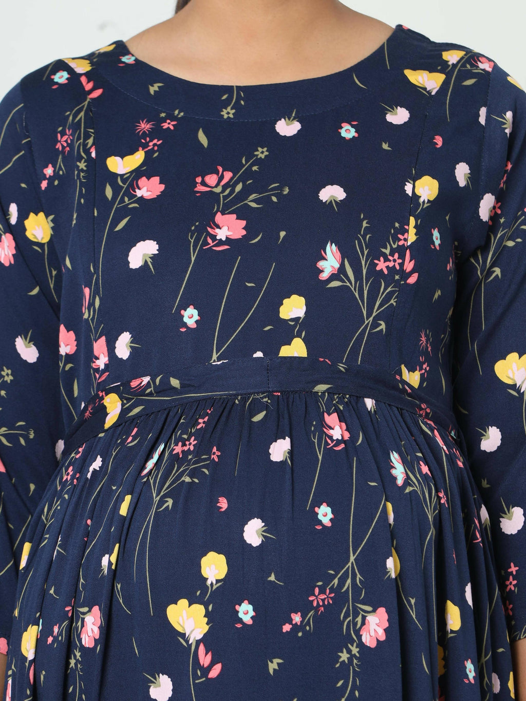 Manet Three Fourth Maternity Dress Floral Print With Concealed Zipper Nursing Access - Navy Blue | Grocsy