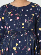 Manet Three Fourth Maternity Dress Floral Print With Concealed Zipper Nursing Access - Navy Blue | Grocsy