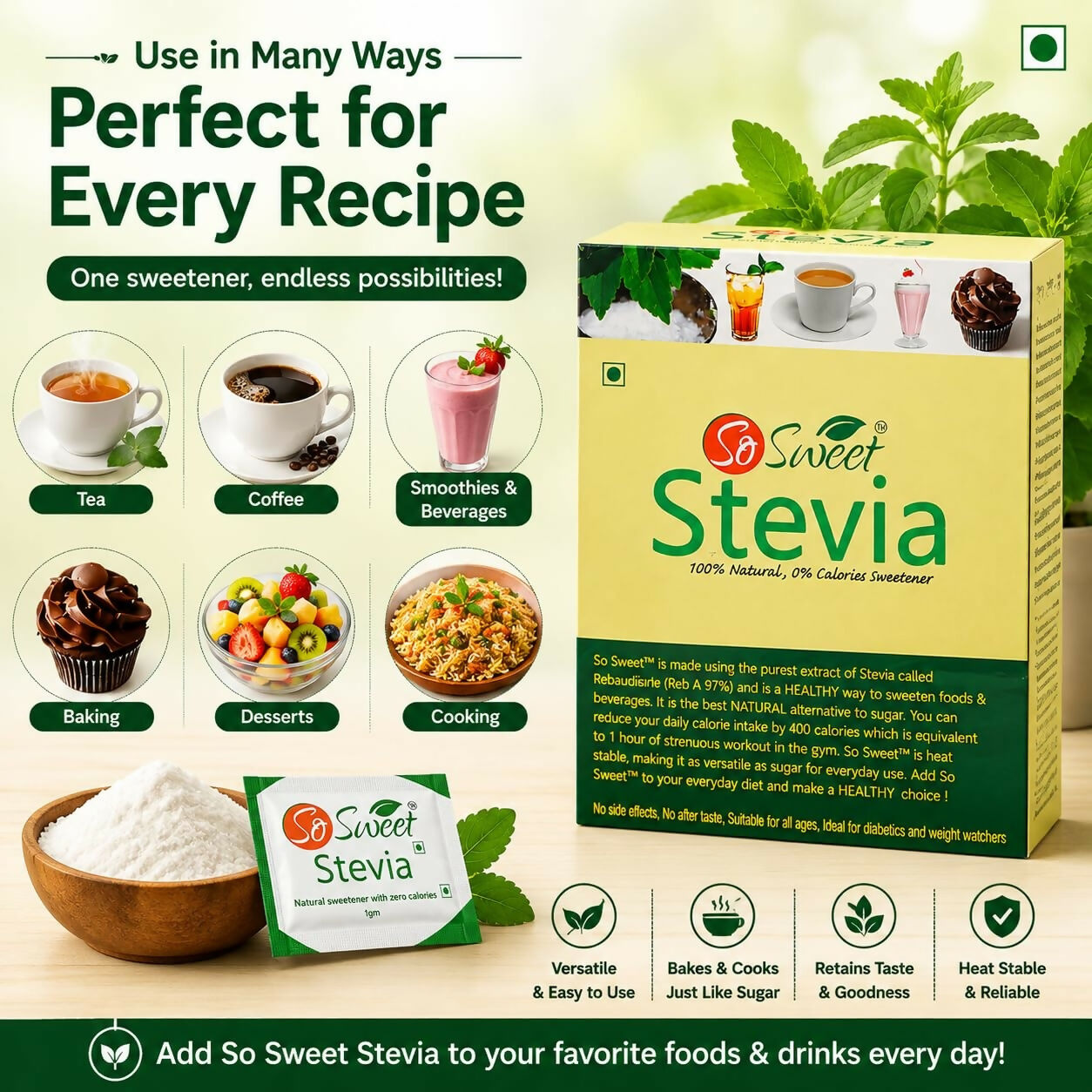 So Sweet Stevia Sachets -50 Sugar Free Natural Sweetener | Grocsy