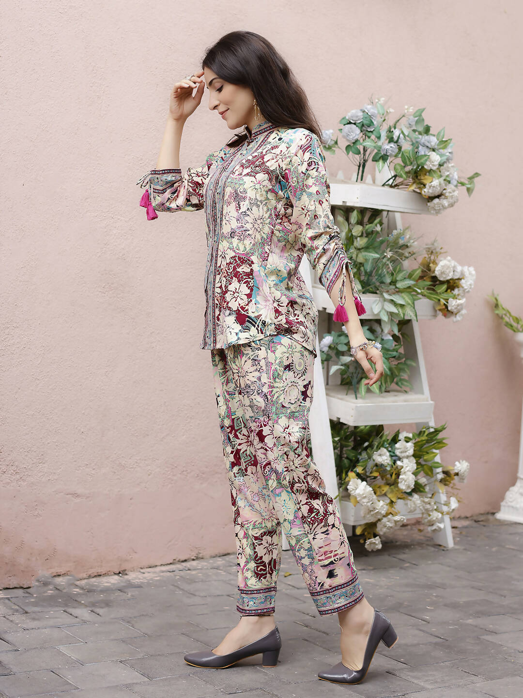 Cream Rayon Floral Printed Top with Matching Bottom - Eesha | Grocsy