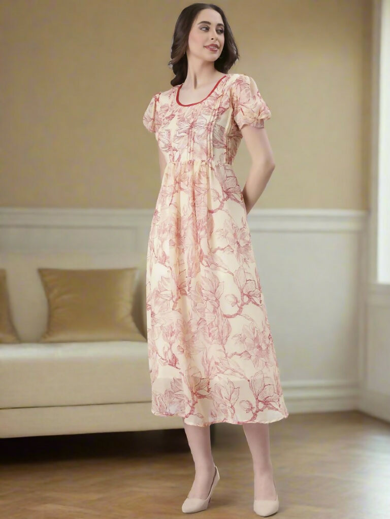 Souchii Cream & Red Floral Printed Fit & Flare Dress | Grocsy