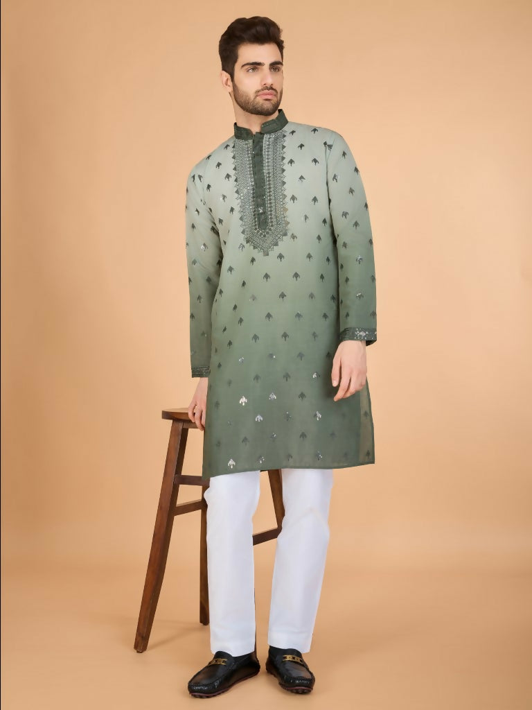 Vastranavya Ombre Green Premium Viscose Silk Thread & Sequence Embroidery work Kurta | Grocsy