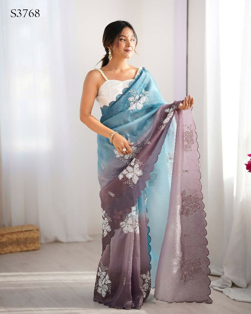 Sky Blue and Grey Crunchy Crush Pedding Color Embroidery Work Party Wear Saree - Zuleika | Grocsy