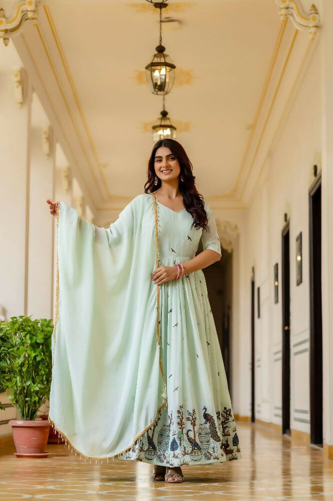 Teeya Creation Mint Green Chinnon Heavy Work Long Wedding Gown | Grocsy