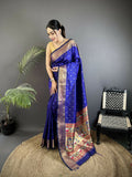 Joban Fashion Royal Blue Butti Woven Soft Lichi Silk Paithani Saree | Grocsy