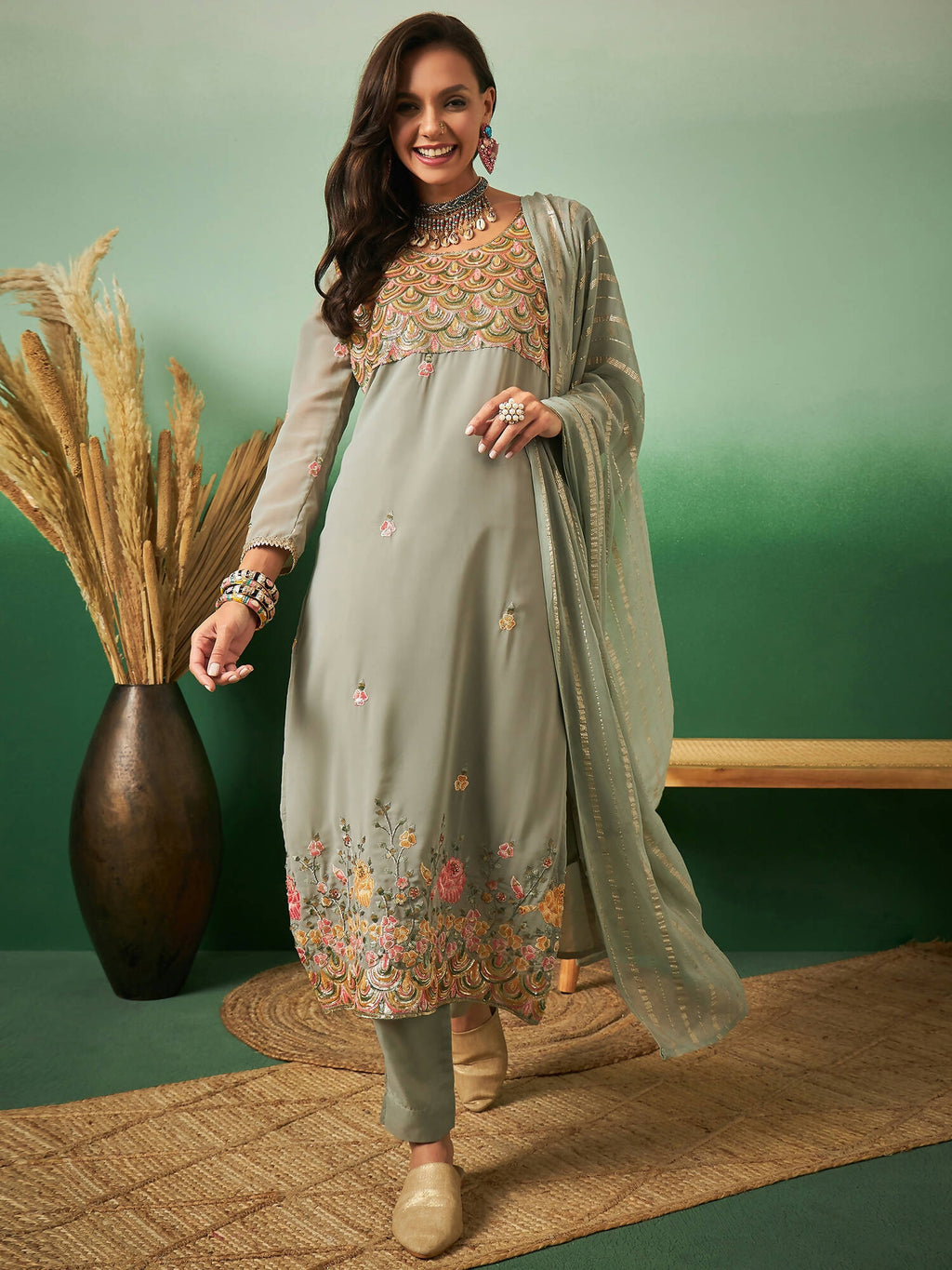 Light Green Georgette Handwork Unstitched Dress Material - Hanika | Grocsy